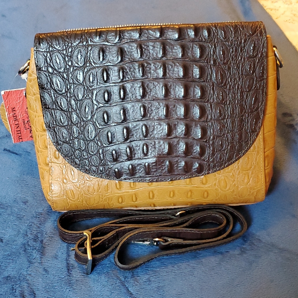Croc-Embossed Genuine Leather Saddle Bag in Brown and Tan